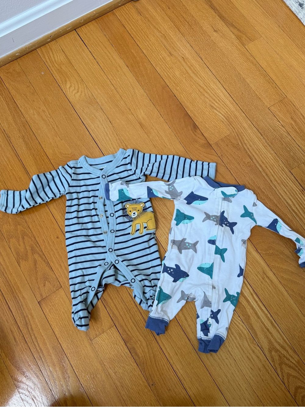 Carter's Blue Striped Lion & Shark Print Footie Set